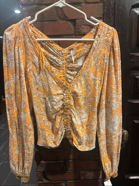 Free People Yellow Floral Ruched Long-Sleeve Women's Top XS/S/M